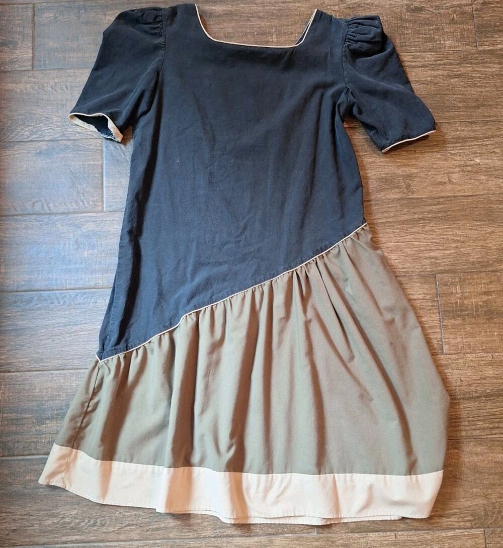 Vintage Eber Of San Francisco Colorblock Dress Black Green Prairie FLAWS 80s SM